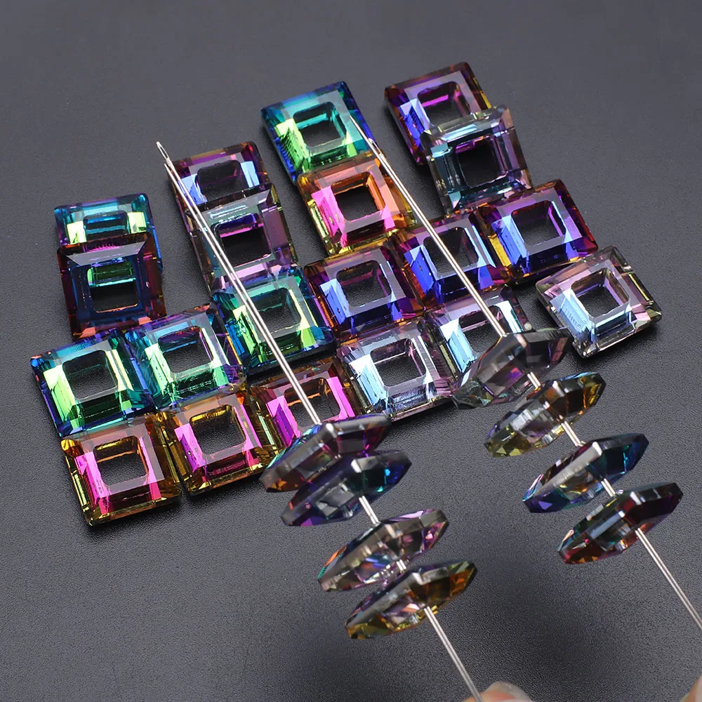 10 Pcs 14mm Crystal Square Big Hole Loose Spacer Hollow Ring Beads DIY Making For Earing Necklace Jewelry Crafts Nail Decoration