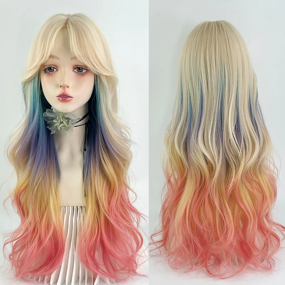 

VICWIG Synthetic Long Wavy Rainbow Ombre Blonde Blue Red Wig with Bangs Lolita Cosplay Fluffy Women Hair Wig for Daily Party