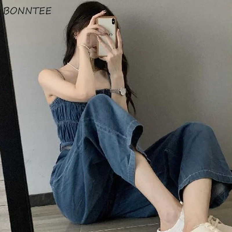 

Jumpsuits Women Summer Temperament Popular Denim Simple Empire Femme Loose Holiday Casual Ins All-match Mujer Hipster Mopping