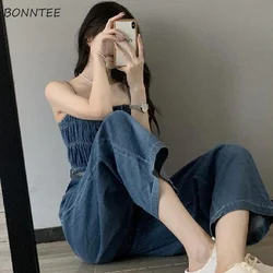 Jumpsuits Women Summer Temperament Popular Denim Simple Empire Femme Loose Holiday Casual Ins All-match Mujer Hipster Mopping