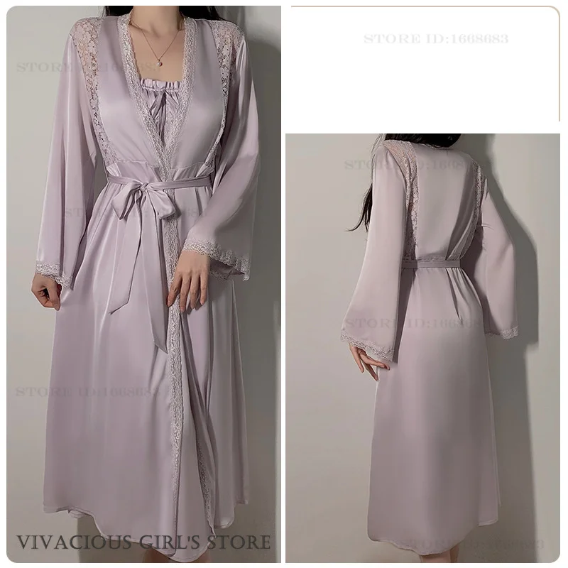 Spring New Women Long Robe Nightgown Sleepwear Two Piece Set Sexy Lace Bathrobe Lingerie Loose Silk Satin Home Dress Loungewear