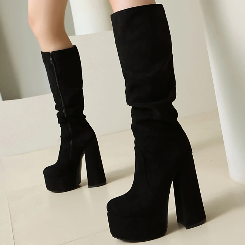 

Женские сапоги до колена на платформе, модные осенне-зимние высокие сапоги из флока, обувь на высоком каблуке, вечерние осенние туфли большого размера
