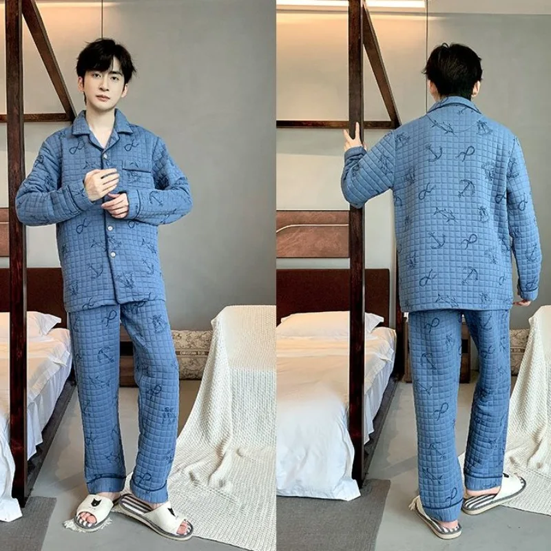 2024 New Pajama Men's Cotton Jacket Sleepwear Autumn Winter Plus Size Loungewear Air Cotton for Middle-aged V-neck Homewear Set