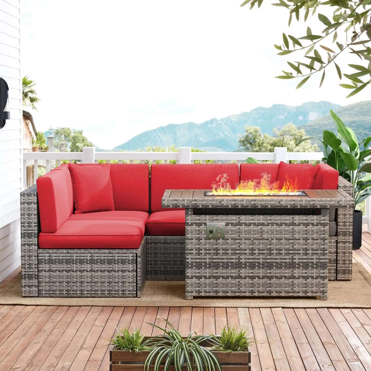 

5 PCS Patio Furniture Set with 40" Fire Pit Table Outdoor Wicker Rattan Sectional Sofa Set, People in Small Size