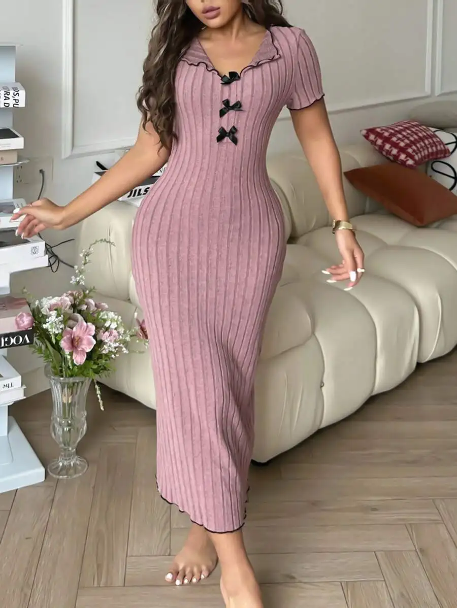 

Ribbed Knit Midi Dress with Bowknot Detail and Ruffled Collar