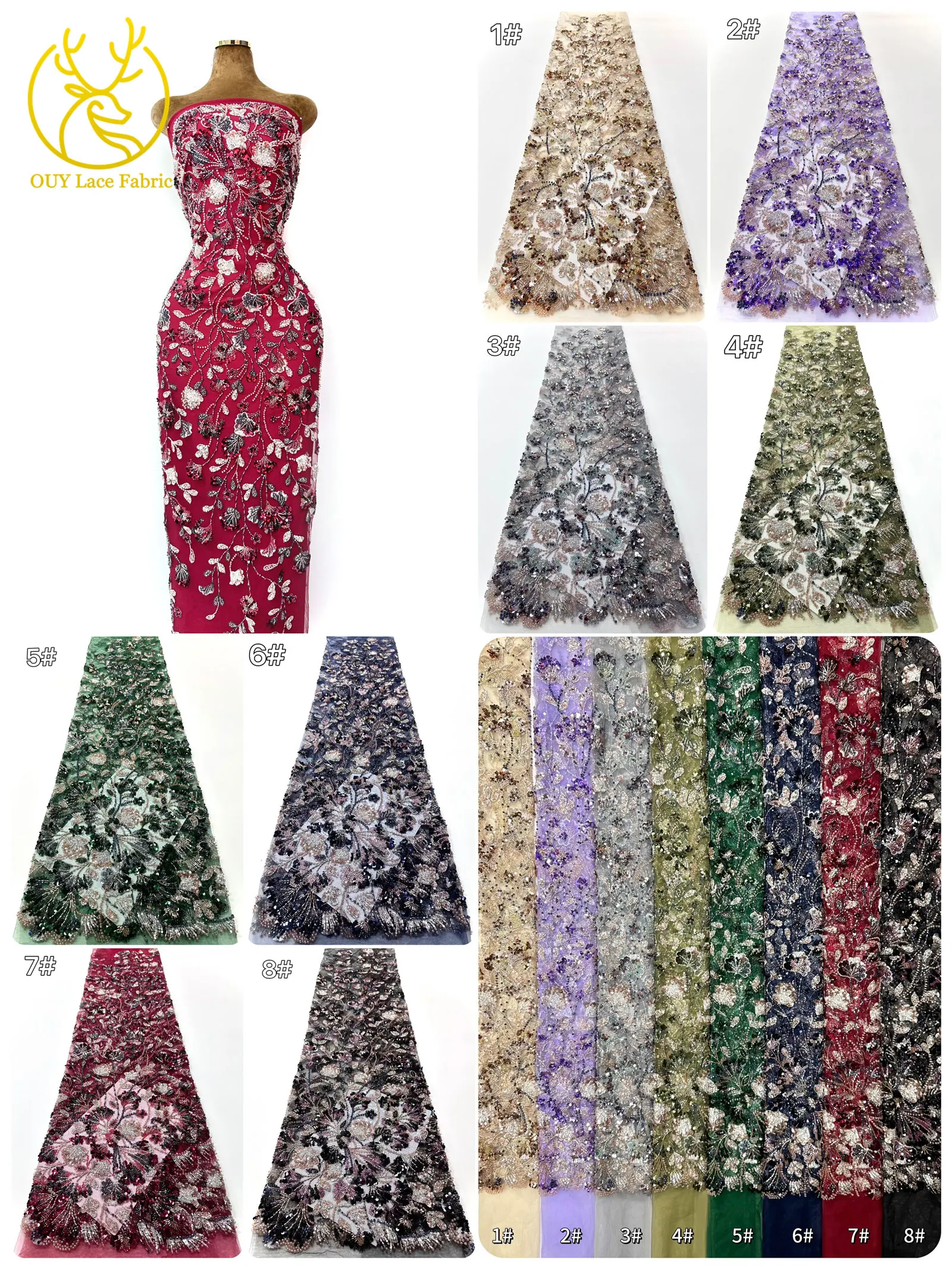 Luxuriöser afrikanischer schwerer Perlen-Spitzenstoff 2026, hochwertiger nigerianischer Tüll mit Pailletten, Spitzenstoff, Brautkleid, Haute Couture-Stoff – Detail 3