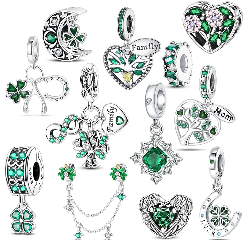 

925 Sterling Silver Green Series Family Tree of Life Lucky Clover Pendant DIY Beads Fit Original Charms Bracelet Women Jewelry