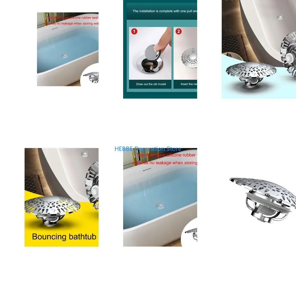 B0KC Bounce Bath Drain Stoppers Sturdy ABS Cores Brass Base Quicks Water Flows Designs Removable Hair Filter Systems