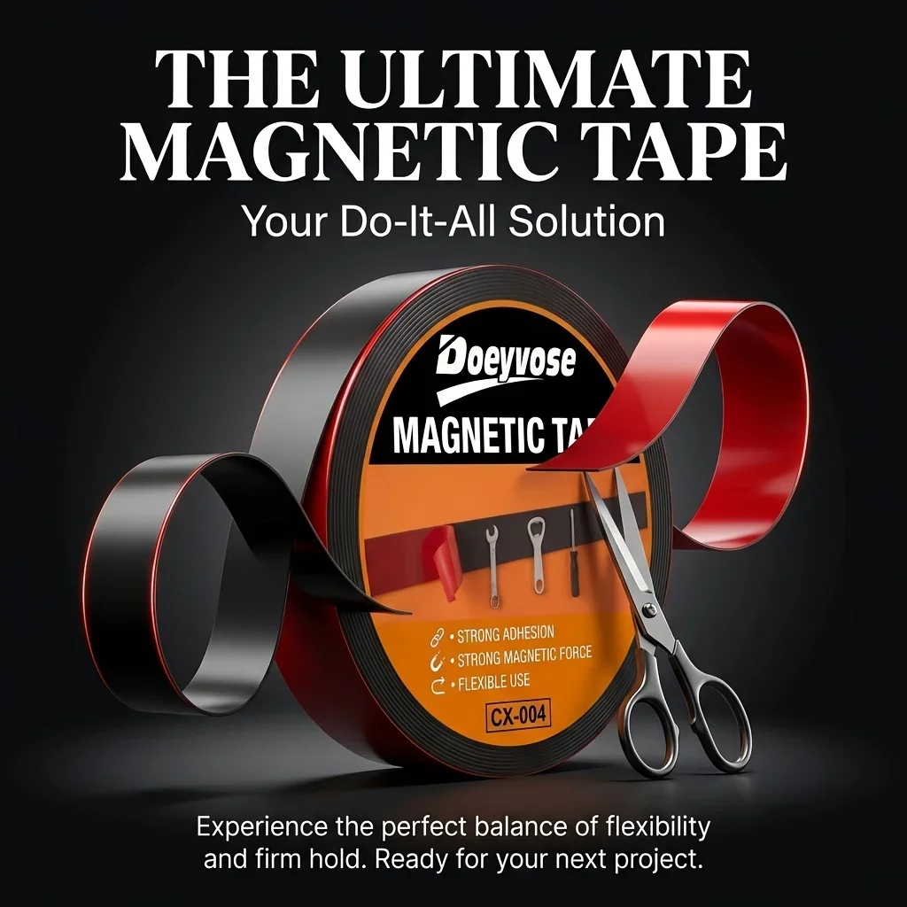 Doeyvose Strong Flexible Magnetic Tape, Self Adhesive Rubber Magnet Strip, Cuttable for Fridge Wall Photo Poster Daily Storage