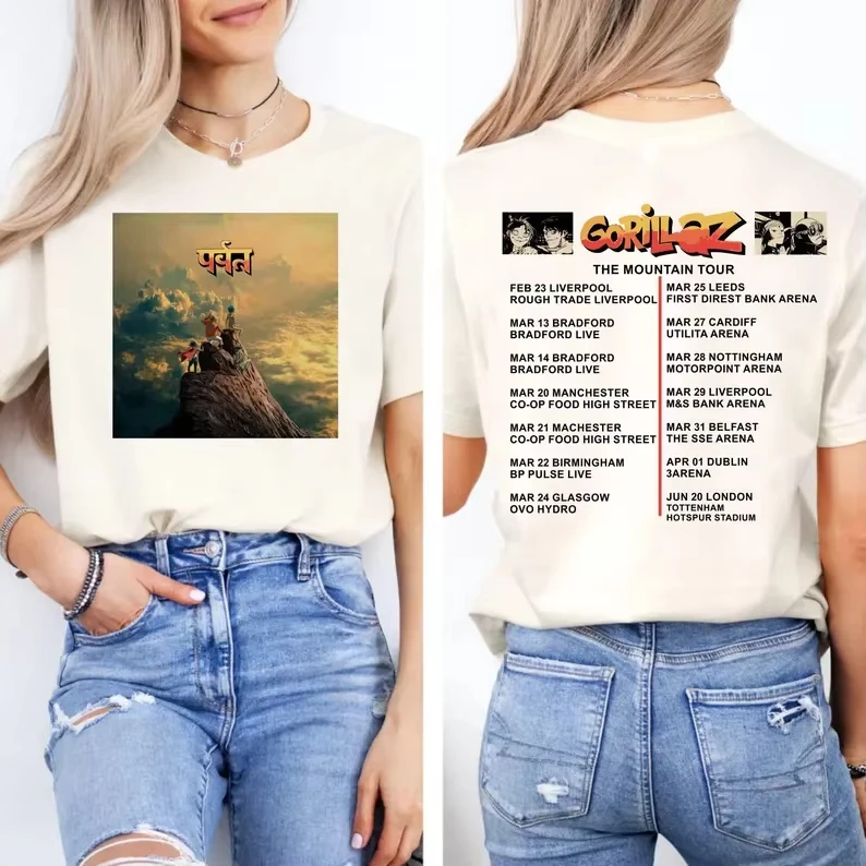 Gorillaz T-shirt, The Mountain Tour UK Tour Shirt - Gender-neutral, 90s Music Cotton T-shirt Comfortable Breathable High Quality