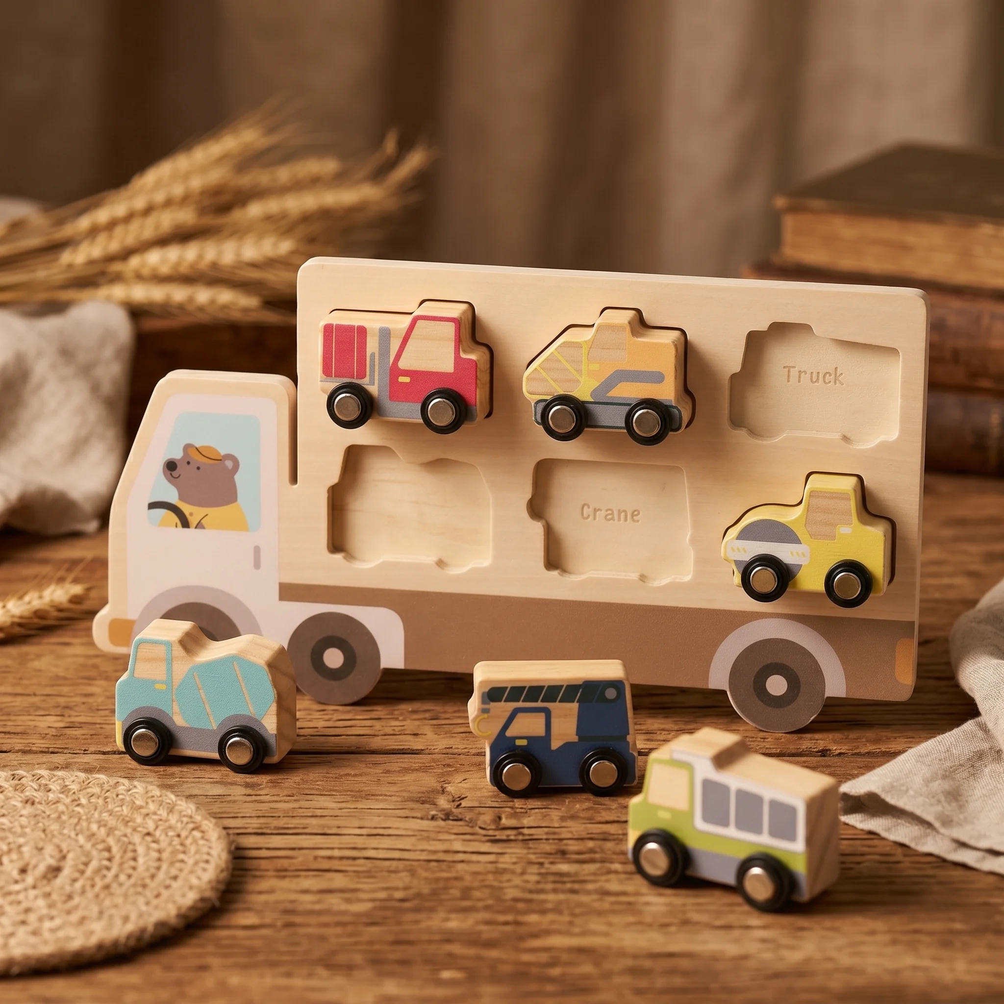 Wooden Engineering Vehicle Puzzle Set 6 Types Wooden Baby Toys Truck Fine Motor Skills Shape Match Puzzle Toys Recognition Gift