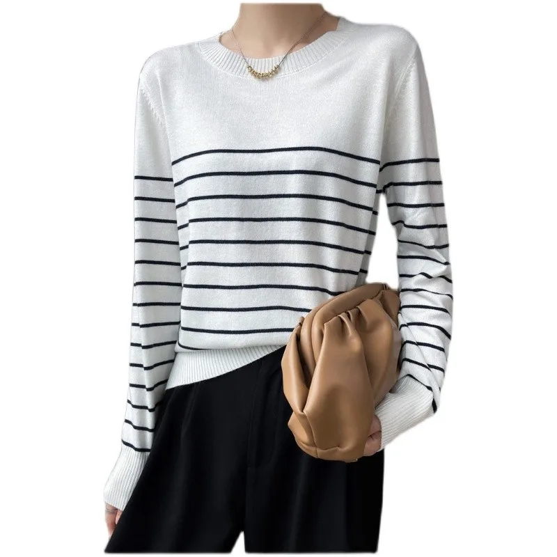 Vintage style striped round neck cashmere sweater women\'s fall/winter loose pullover with base sweater