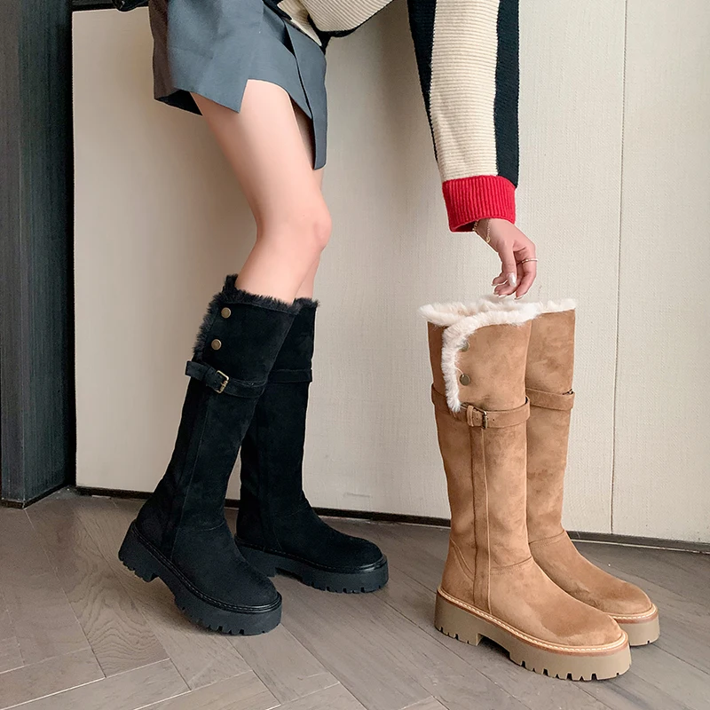 MORAZORA Cow Suede Leather Boots Women Slip On Wool Warm Winter Knee High Boots Handmade Ladies Platform Snow Boots Shoes