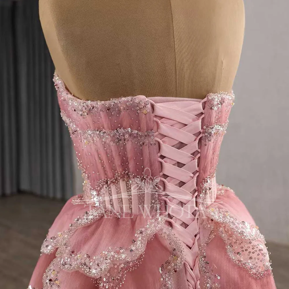 Luxury Pink Strapless Sleeveless Evening Dress Robes De Soirée Lace Up Back Tiered Crystal Sequins Customizable Fit For Women
