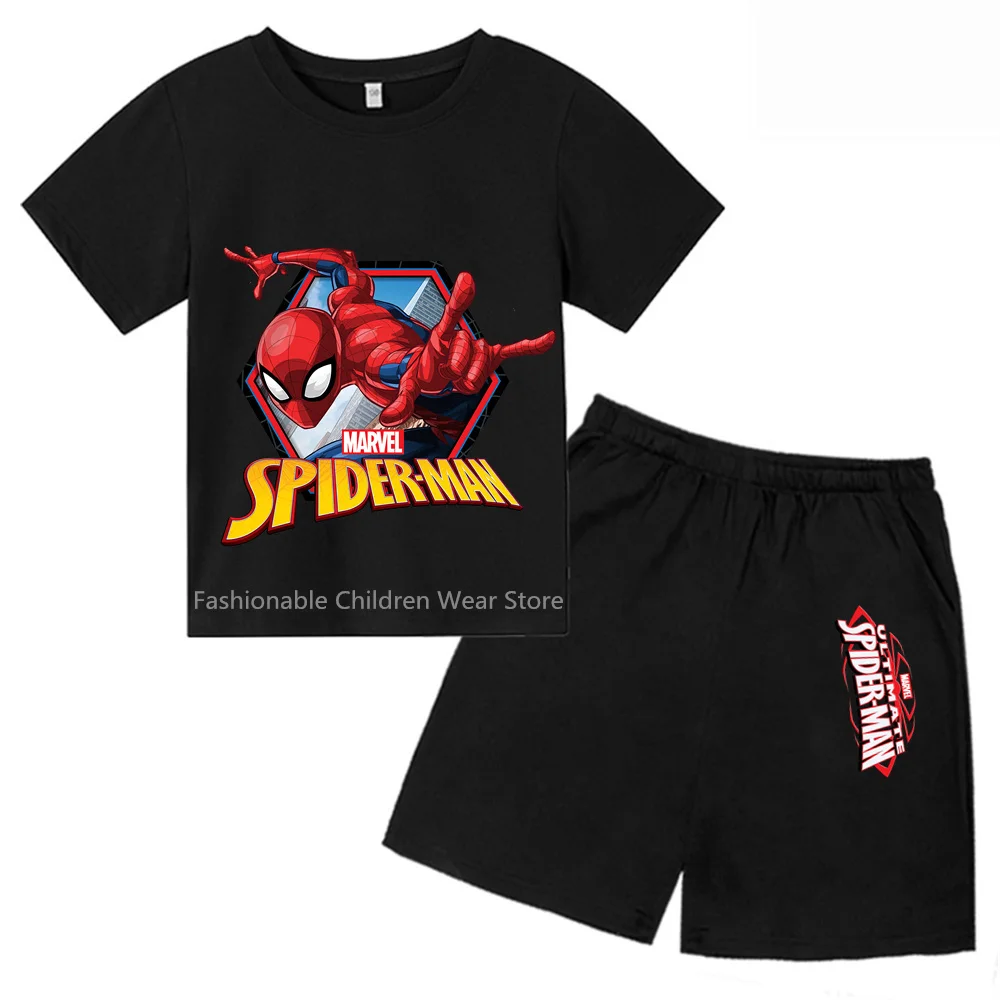 Fun Marvel Avengers Q-Style Spider-Man Cartoon Kids' T-shirt and Shorts Set - Cool & Fashionable for Outdoor Leisure