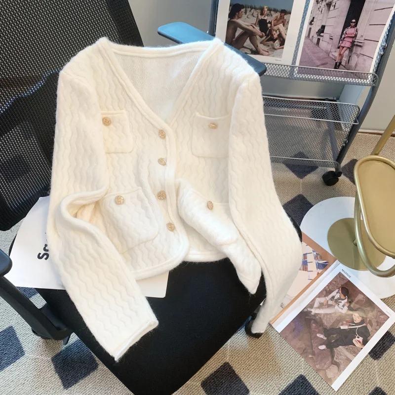 女性用Vネックショートシックニットカーディガン,セーターコート,レッド,スカイブルー,ベージュ,ピンク,秋,新品,2024