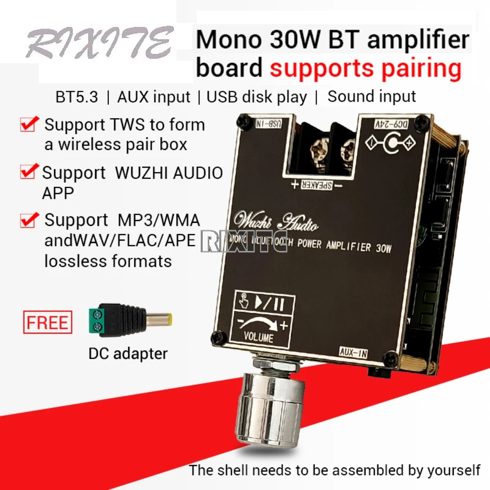 ZK301B 30W Bluetooth 5.3 Audio Amplifier Module DC 9V-24V Mono Channel Digital Audio Amplifier Board Support Wireless TWS Module