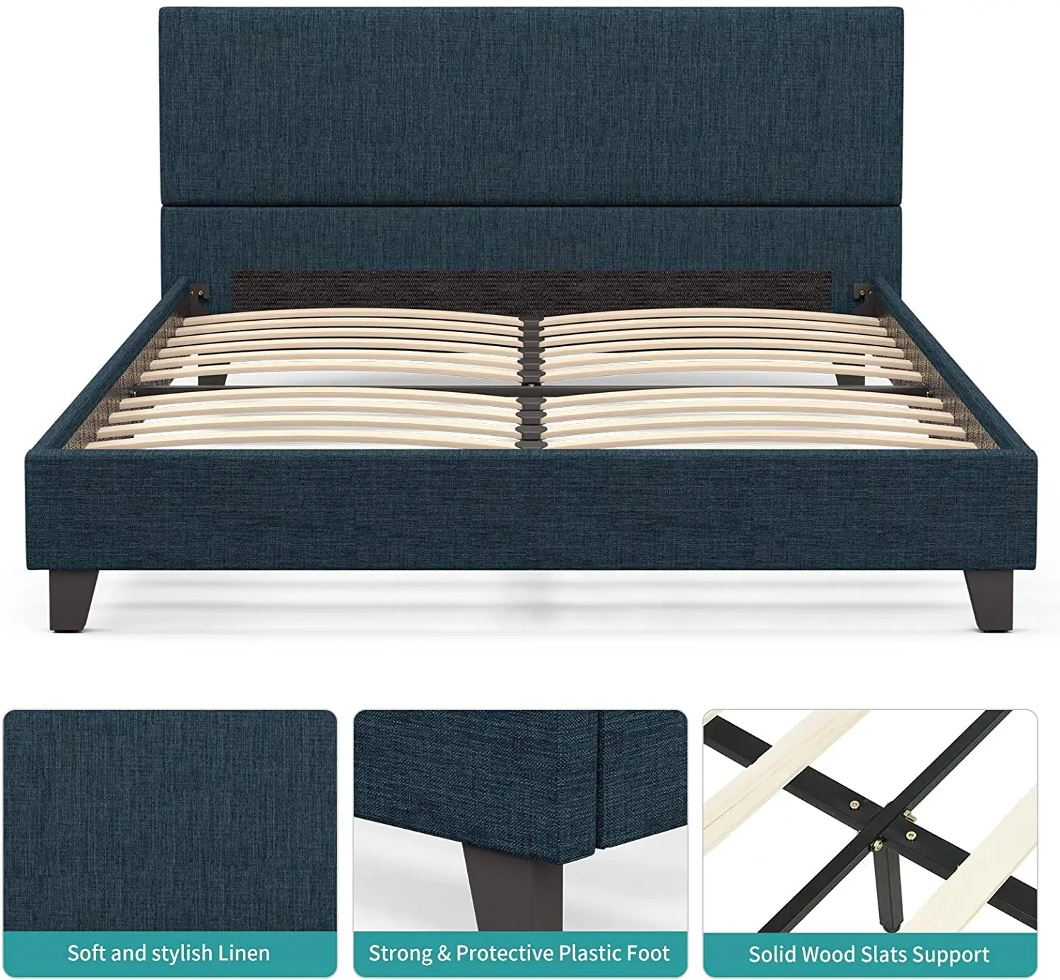 

Upholstered Linen Platform Bed Frame | Queen Bed Frame with Fabric Headboard / Strong Wood Slats Support Bedroom Furniture