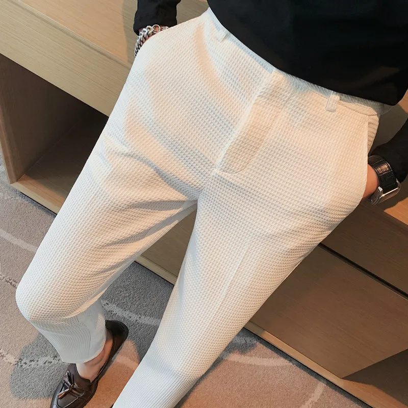 2023 Autumn New Waffle Business Dress Pants Men Elastic Waist Casual Suit Pant Classic Slim Office Social Trousers Costume Homme
