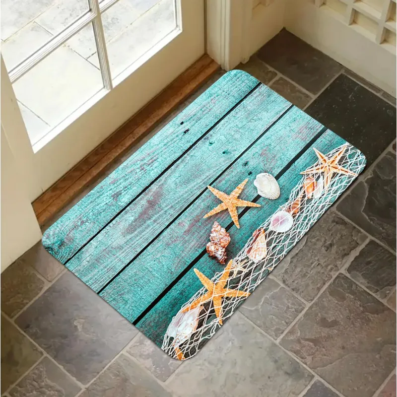 Coastal Wood Door Mat Starfish Shells Pattern Welcome Rug So