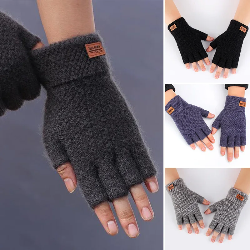 Winter Fingerless Gloves For Men Half Finger Writting Office Knitted Thick Wool Warm Label Thick Elastic Outdoor Driving Gloves