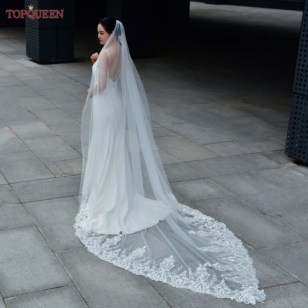 Topqueen-Véu de renda de casamento em forma de V com lantejoulas, 3m longo, padrão floral, branco, noiva, jardim, V149, 2024