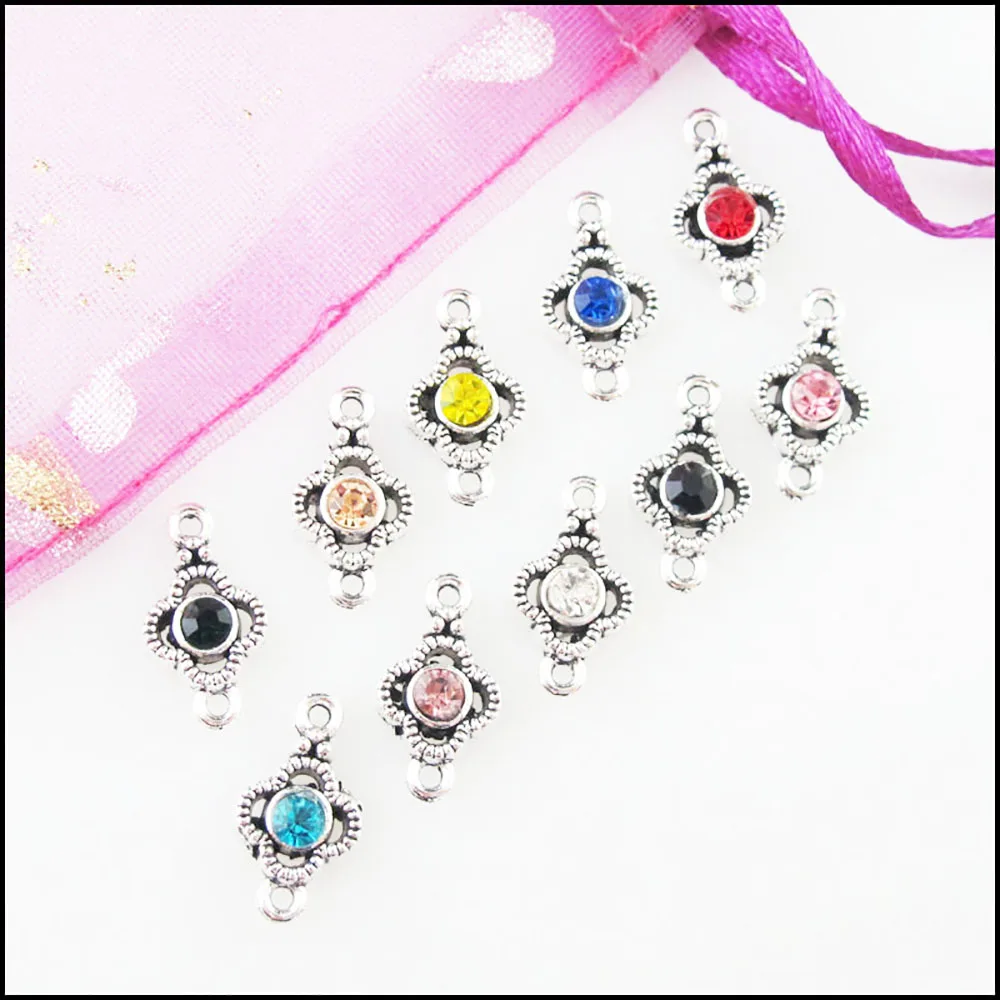 Fashion 30Pcs Mixed Crystal Tibetan Silver Plated Clover Flower Charms Connectors 8x15mm