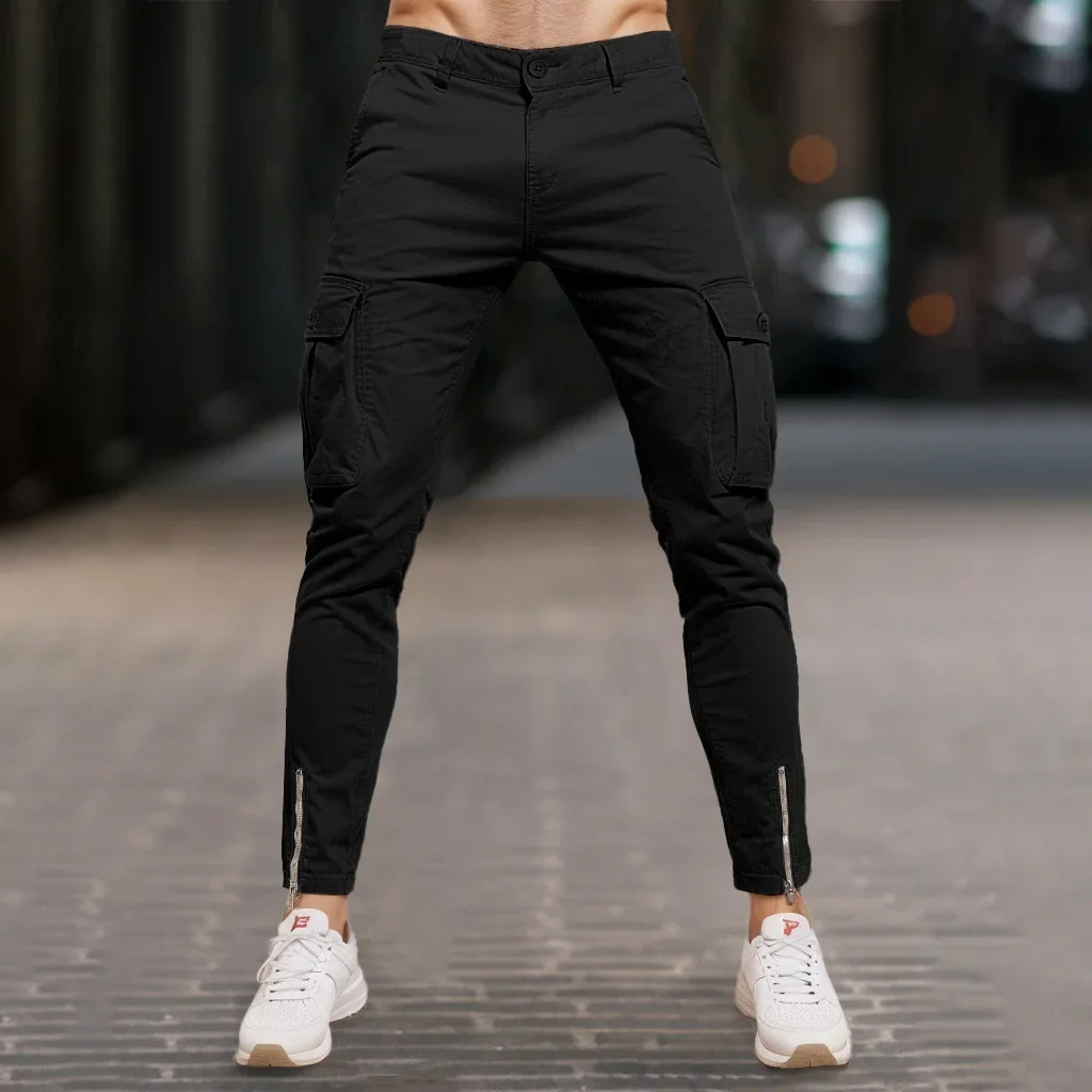 Male Fashion Elastic Pants Clothes Four Seasons Men's Solid Color Simple Basic Casual Trendy Slim Multi Pocket Cotton Trousers
