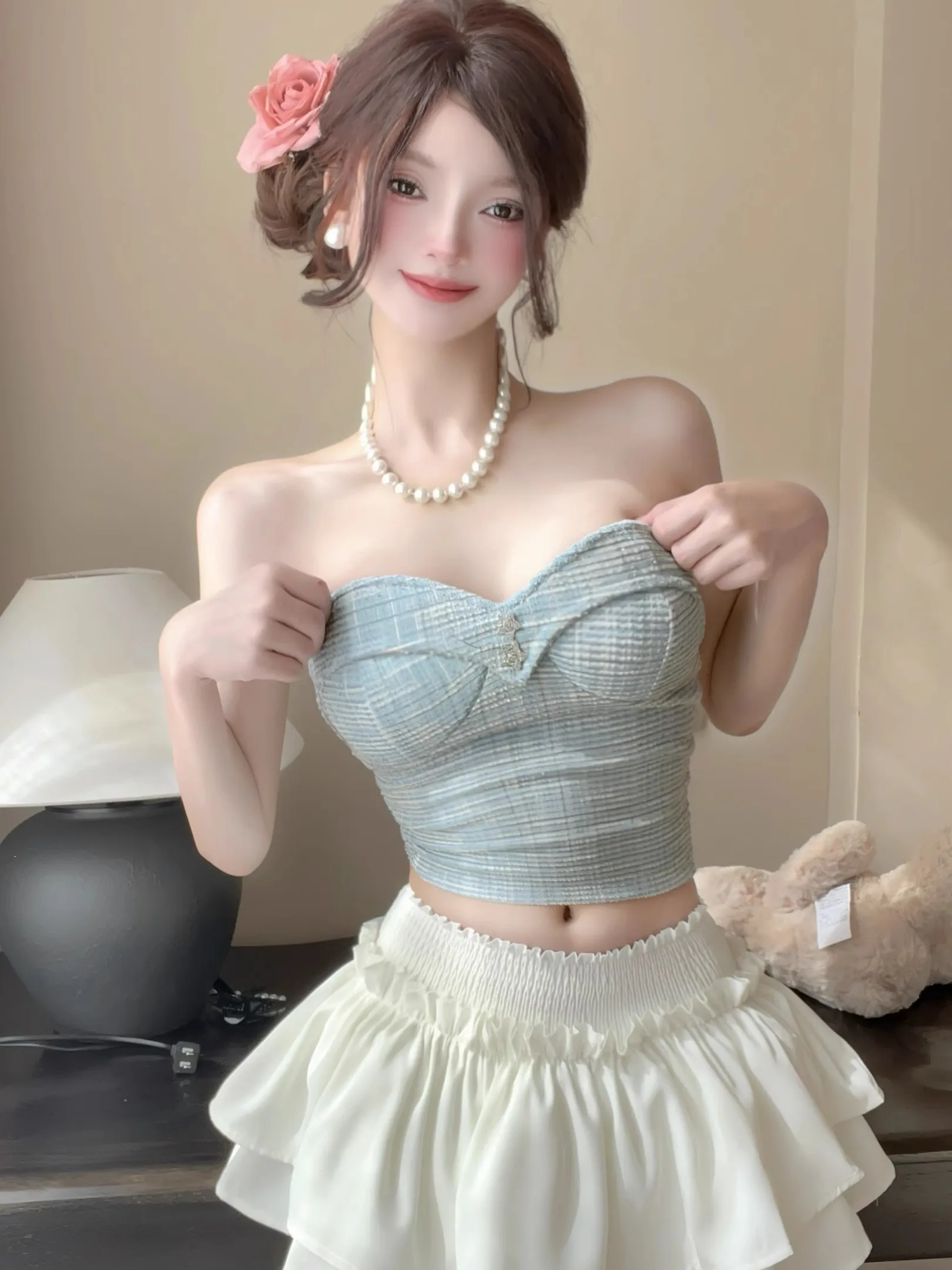 

Summer 2025 High Waist A-Line Skirt Women's Elastic ort Skirt White Student Elastici f Skirt Commute Korean Sle