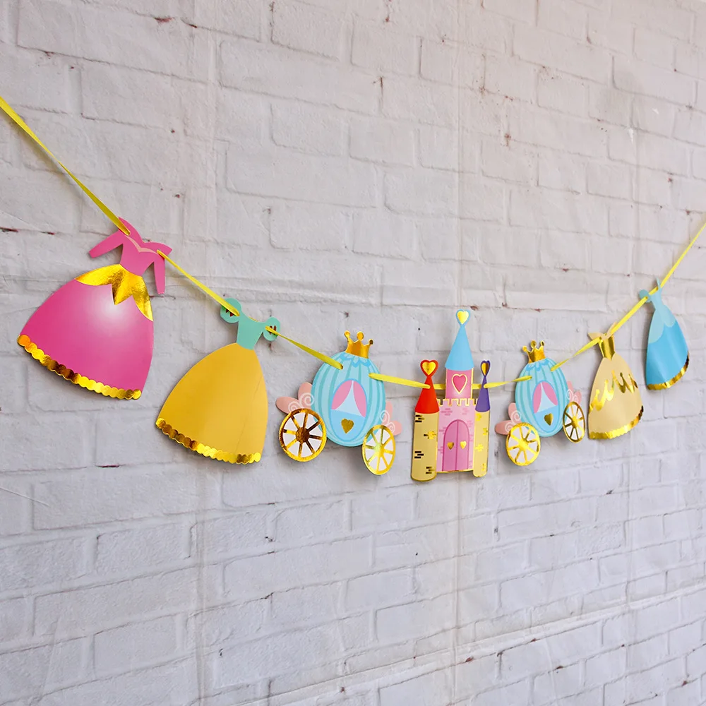 Childrens Birthday Princess Flag Pulling Castle Pumpkin Car Garland Room Party Raising Wedding Hundred Day Banner view 6