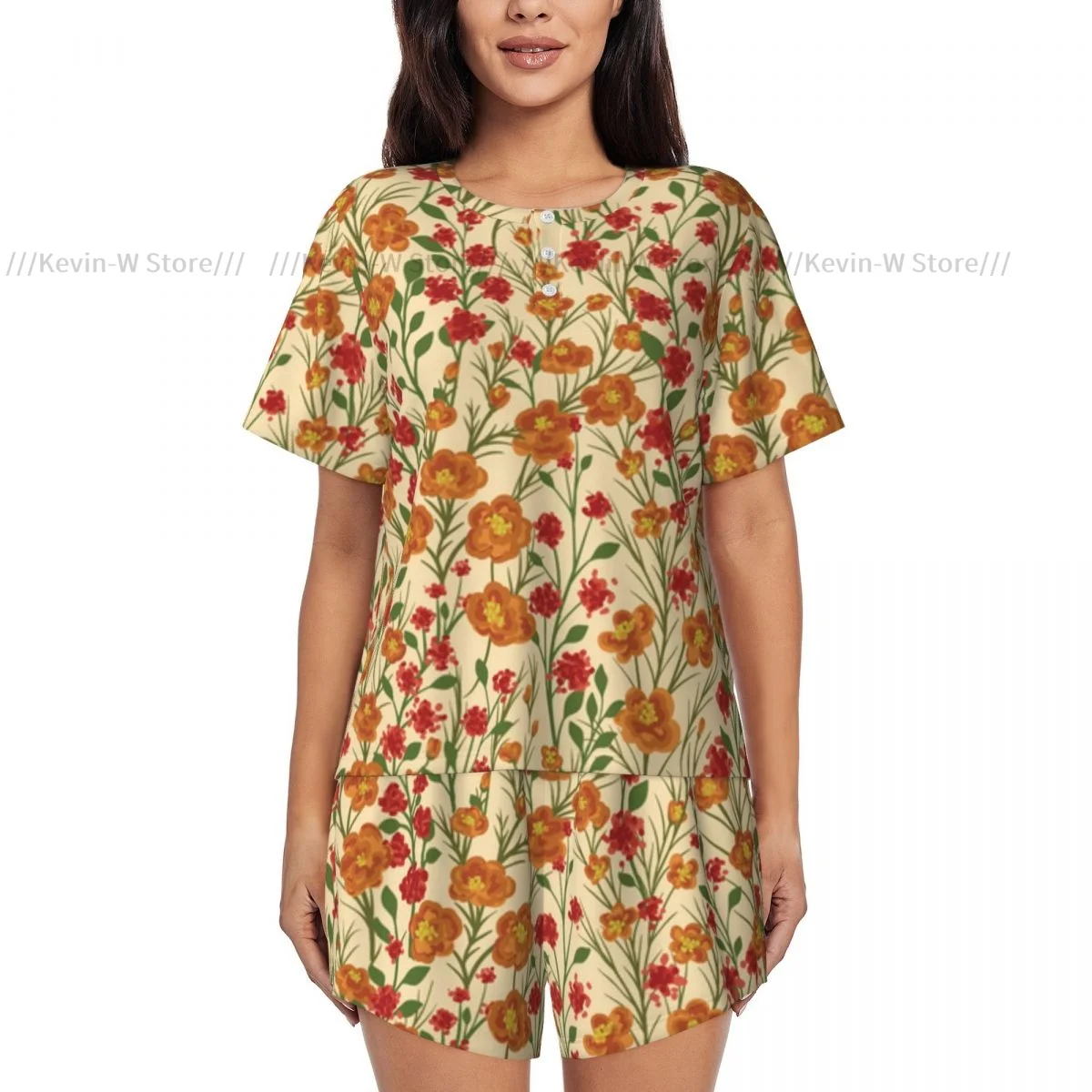 Women Pajamas Set Small Flowers And Leaves Homewear Two-Piece Short-Sleeved Short