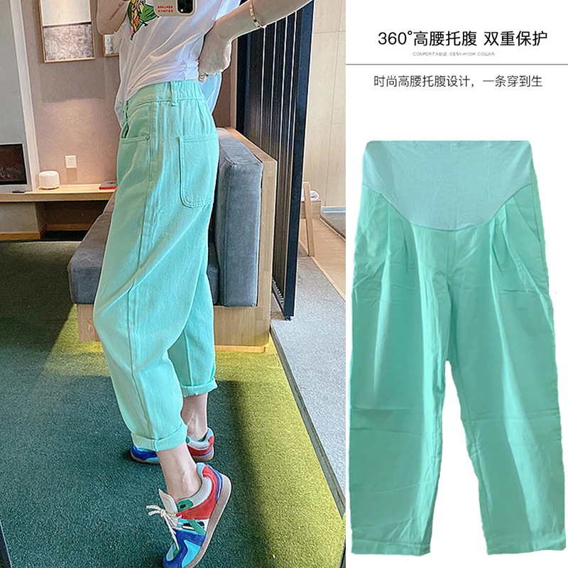 Green Pregnant Woman Summer Pants Maternity Clothes High Waist Pregnancy Belly Trousers Plus Size Cotton Linen Cropped Pants