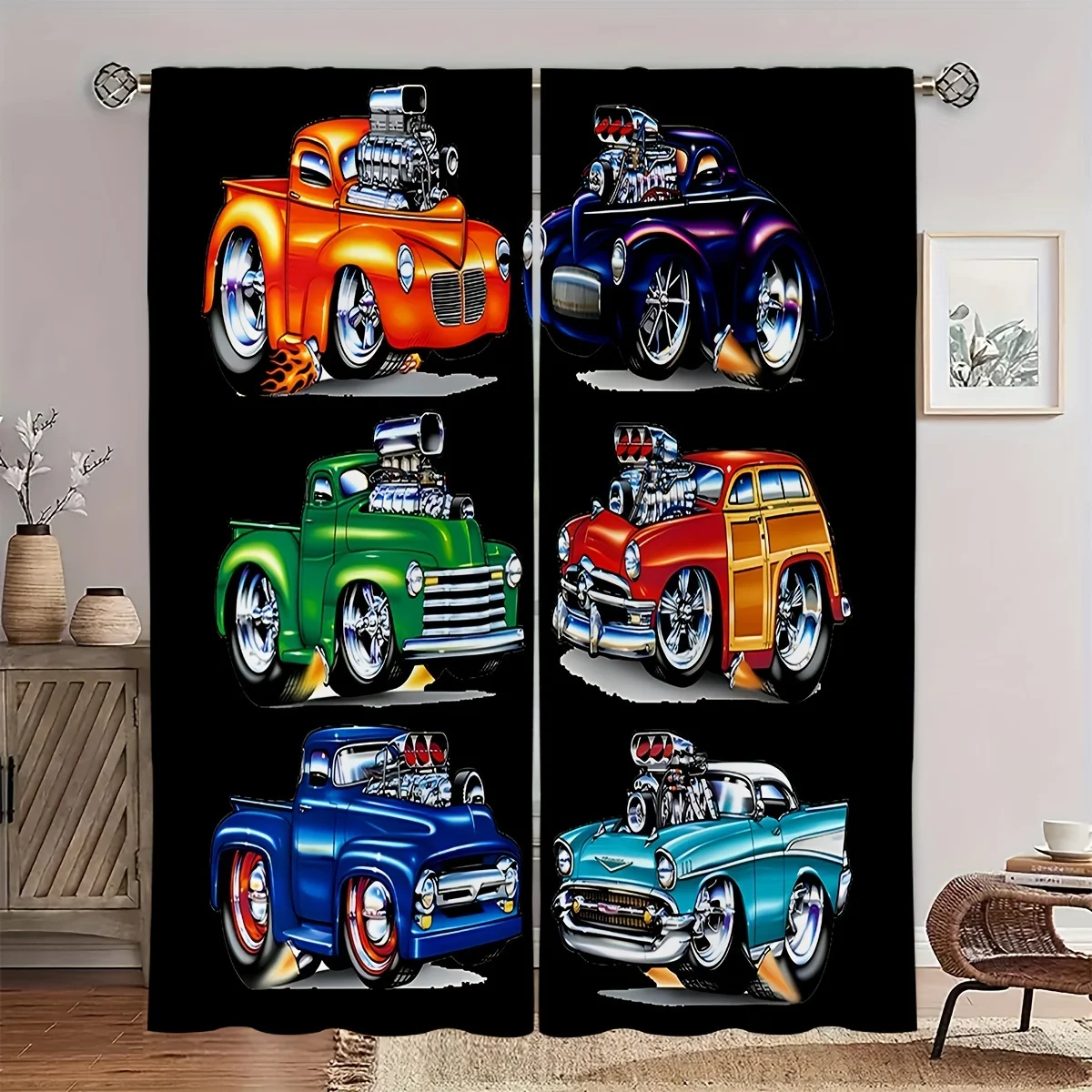 Vintage Hot Rod Curtain, Classic Pickup Truck Window Drape, Retro Car Garage Blackout Panel, Boys Room Man Cave Decor