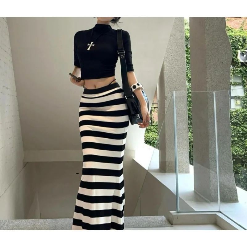 Black and White Striped Skirt 2026 Suit Slim Fit Autumn Fishtail Dress Spice Girl Slim Top