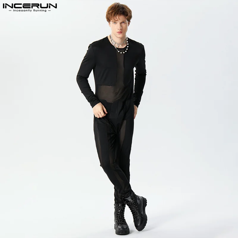 

INCERUN 2023 American Style Men's Rompers Splicing Mesh Deconstruction Design Jumpsuits Sexy Casual Long Sleeved Bodysuits S-5XL