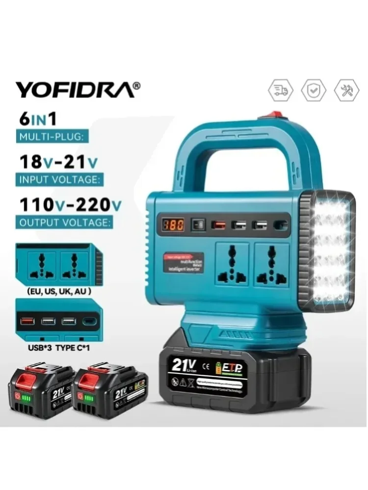 YOFIDRA Tragbarer Wechselrichter 110V/220V Tragbarer Generator für Outdoor-Camping Notstromversorgung für Makita 21V Akku
