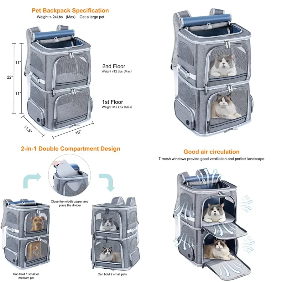 

Double Cat Carrier for 2 Cats, Dog Backpack Carrier for Medium Dogs, Double Compartment Pet Carrier Backpack for Dual Pets, for