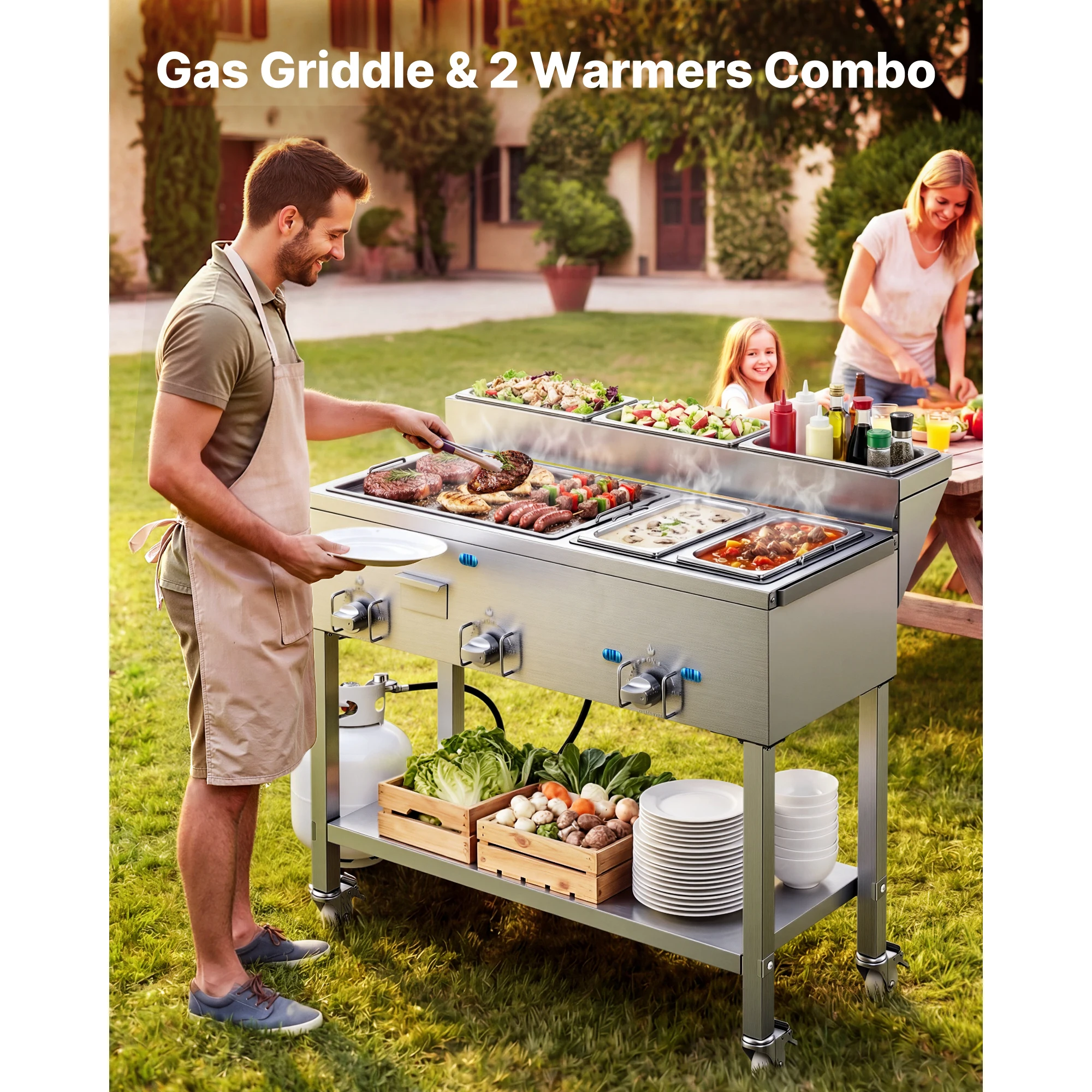 Outdoor Propane Griddle, 3 Burners (11,600 BTU Each), Commercial Stainless Steel Griddle with Two 1/3 Size Food Warming Pans, Portable Cart with 4 Lockable Wheels, Burgers & Meats