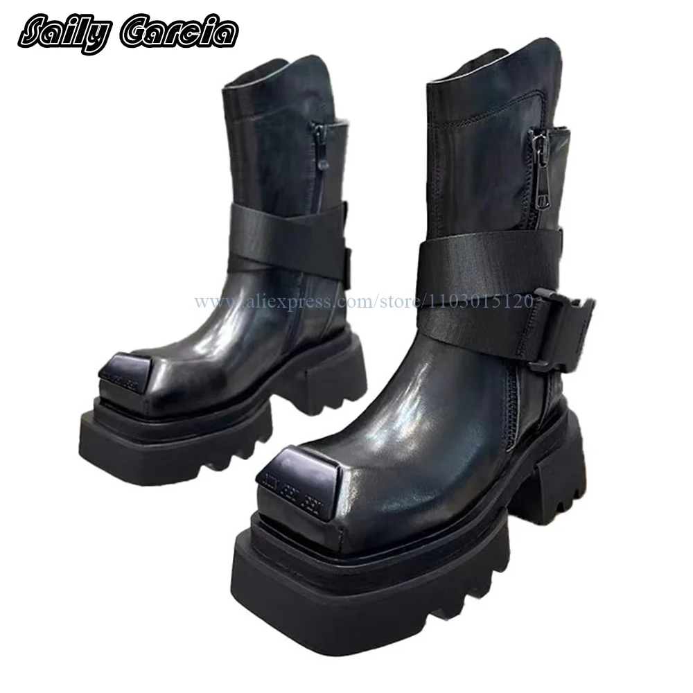 Punk Style Buckle Side Zip Chunky Heel Motorcycle Boots Size 35-44 INS Fashion Men/Women Casual Boots Square Toe Platform Shoes