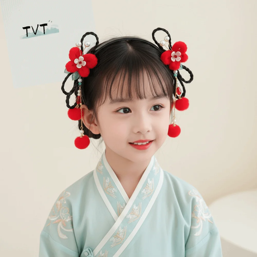 

Simple Flower Children Wig Headband Tassel Koi Fish Hanfu Headwear Butterfly Braid Hair Chinese New Year Headwear Daily