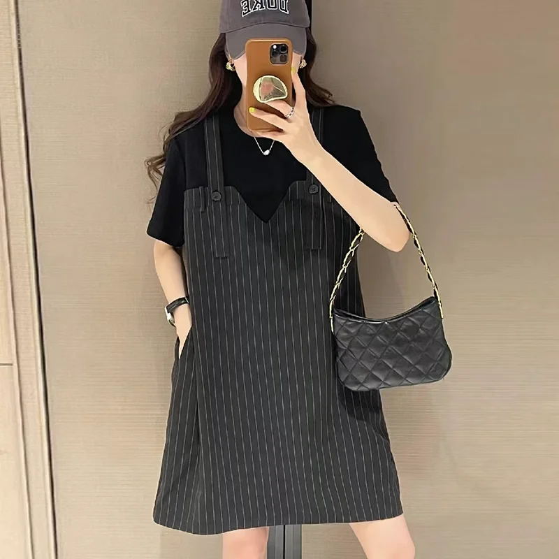 Fake Two Pieces Spliced Midi Dress Summer Korean Striped Female Clothing Casual Short Sleeve All-match Loose Straight Dresses