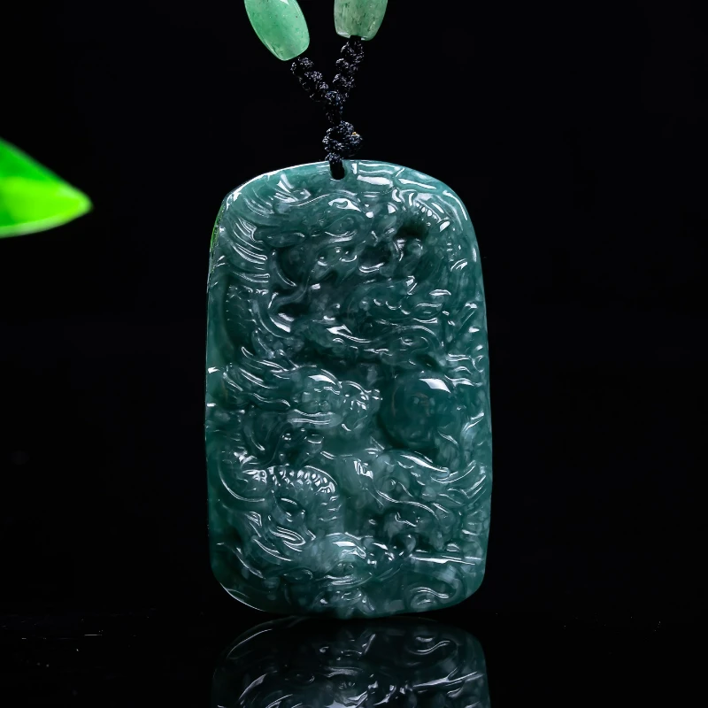 

Natural Genuine Jade Ice Oil Green Double-sided Kowloon Necklace Pendant Exquisite Jadeite for Men and Women Couples Amulet Gift
