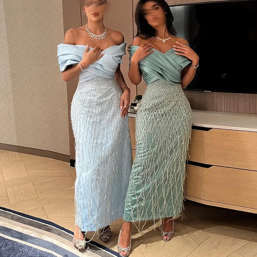 Exquisite Beads Evening Dresses Chic Off The Shoulder Pleat Straight Gowns Fashion Sequined Ankle Length Prom Dresses 2024