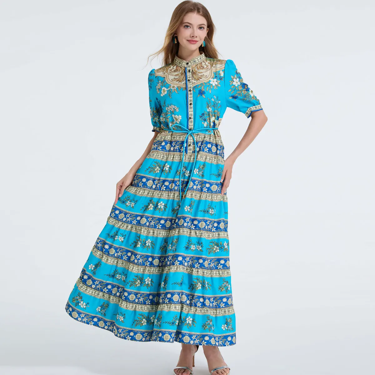 Ele impresso gola bolha sve dr com lindos botões 6 camadas overskirt e cinto outono 2025 nova chegada