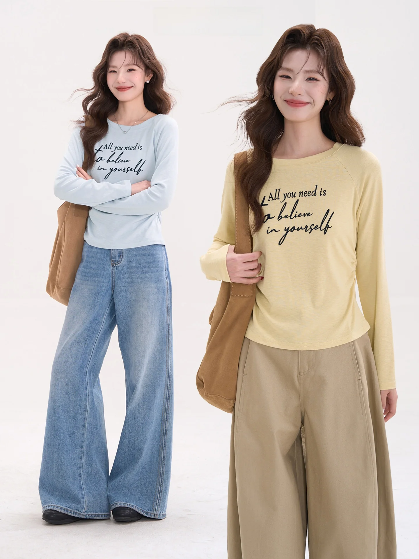 

Heme Long Sve T-irt Women Spring Casual Loose Fit Cotton Blend Folded Waist Slimming Letter Print Side oulder Top