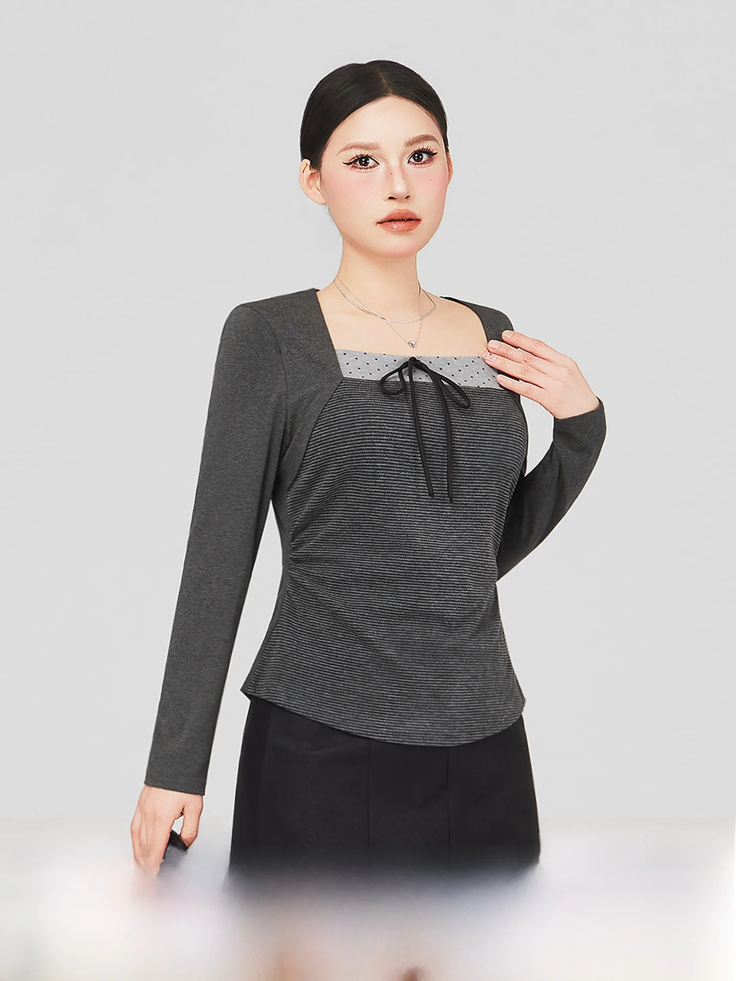 

plus Size Women's Early Spring Long Sve Square Collar Slimming Concealing Base irt Beautiful Faionable Korean Sle Hi...