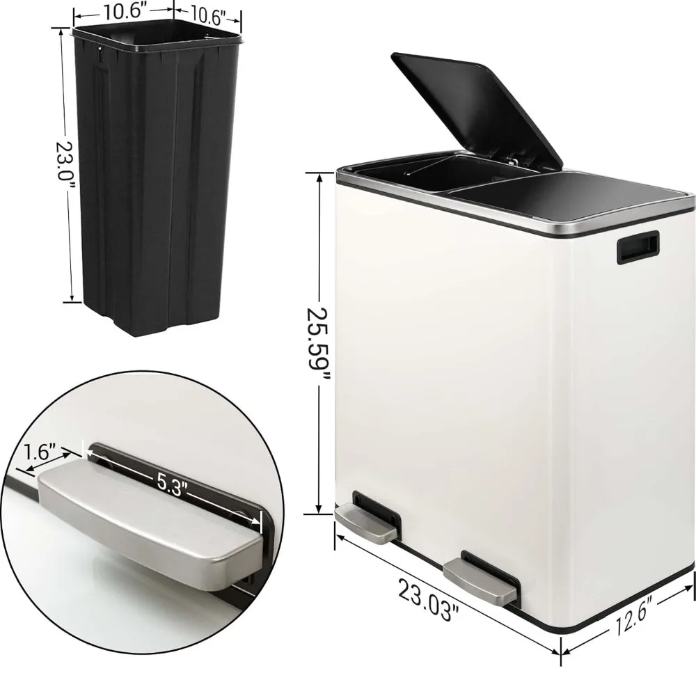 60L(16 Gal) Dual Trash Can, Stainless Steel Kitchen Garbage Can, Double Compartment Classified Rubbish Bin, Recycle Dust