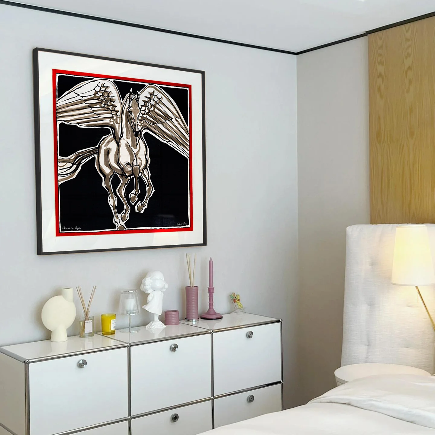 Framed Luxury Silk Scarf Wall Art Orange Pegasus Winged Horse Motif Silk Print Painting High‑end Villa Living Room Wall Decorati
