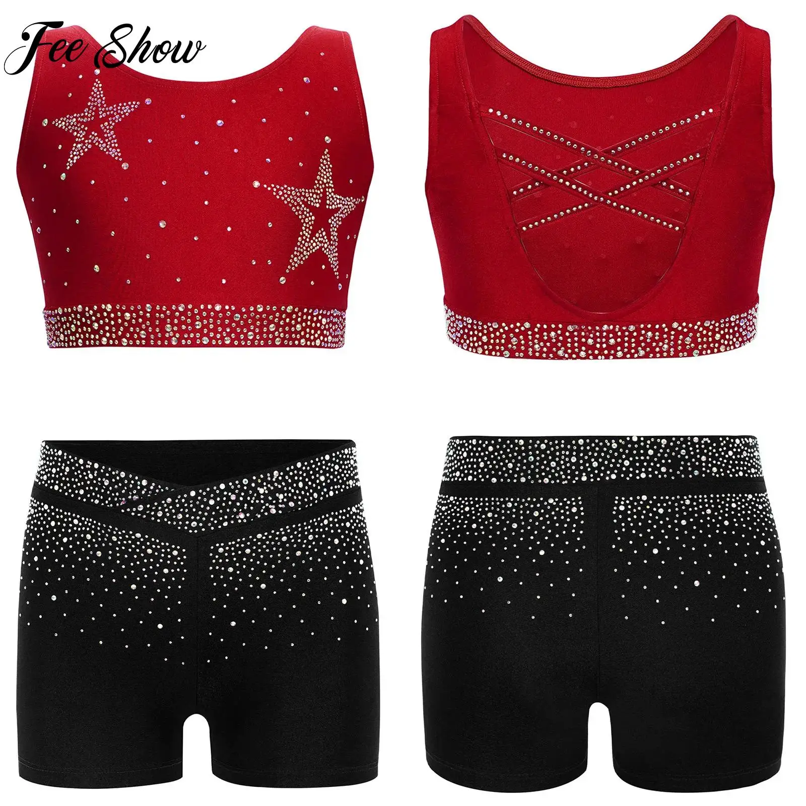 

Girls Rhinestones Rhythmic Gymnastics Figure Skating Ballet Jersey Dance Outfit Sleeveless Tops Shorts Set for Stage Performance