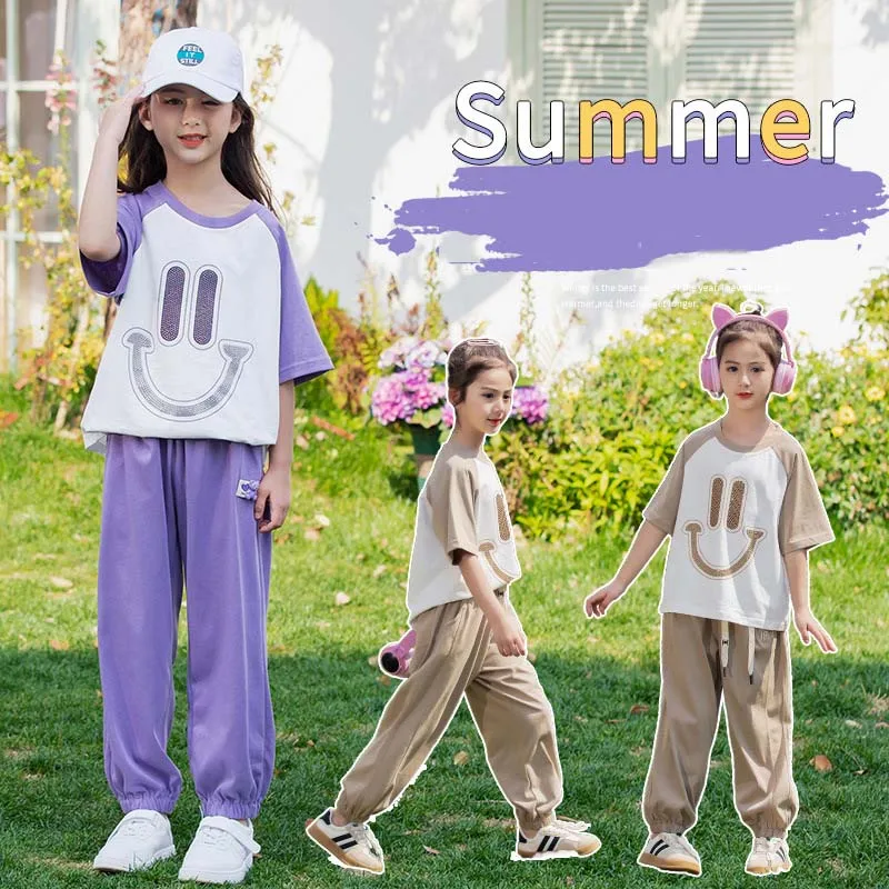 Summer Junior Girl Tracksuit Teenager Girl Smile Face Contrast T-shirt+Sport Pants Trousers Girl Children's Top And Bottom Set